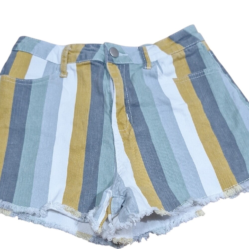 Altar'd State Denim Shorts Women Small‎ Multicolor Striped Raw Hem Summer Boho